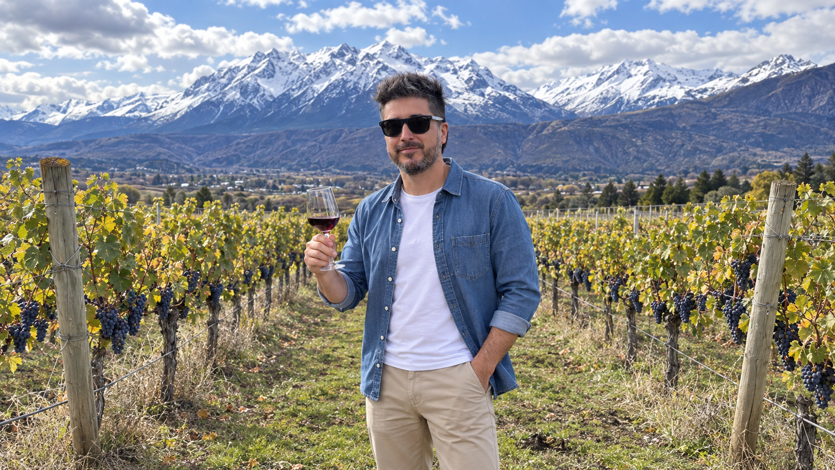 Viajero con una copa de vino entre viñedos y montañas nevadas